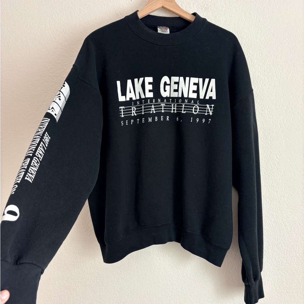 Vintage Lake Geneva Black Crewneck Sweatshirt - Triathlon Graphic